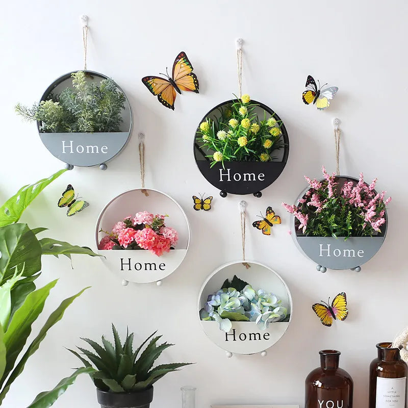 Nordic Style Living Room Wall Planter Pot Decor Door Decoration for Home Arts Ironwork Round Wall Hanging Vase