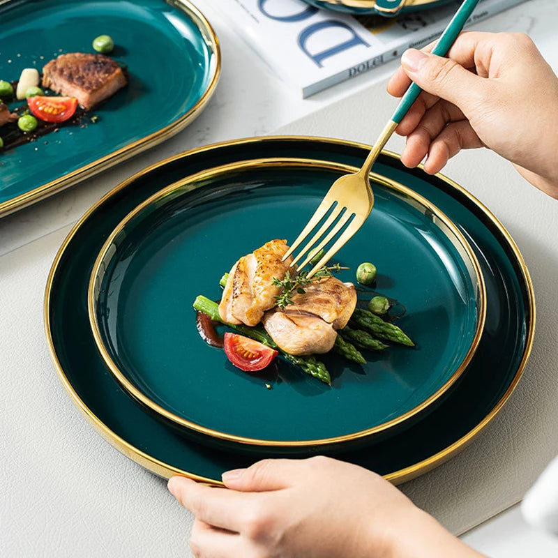 Ceramic Dinner Plates Dinnerware Set Dishes Luxury Green Food Plate Set Salad Soup Bowl Plate and Bowls Set for Restaurant Hotel