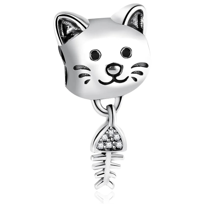 Hot Sale New Charm Plata 925 Sterling Silver Cat and Fishbone Beads for Bracelet Pendant Jewelry Accessories Factory Wholesale