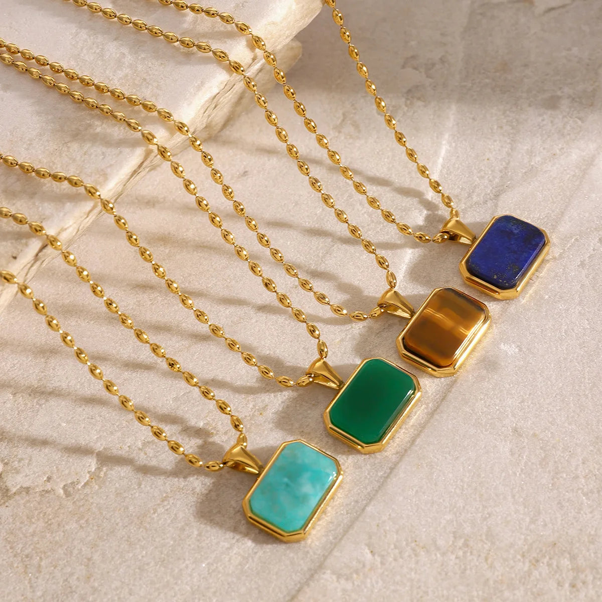 Fashion Rectangle Natural Stone Pendant 18K Gold Plated Stainless Steel Jewelry Bead Chain Necklaces for Women
