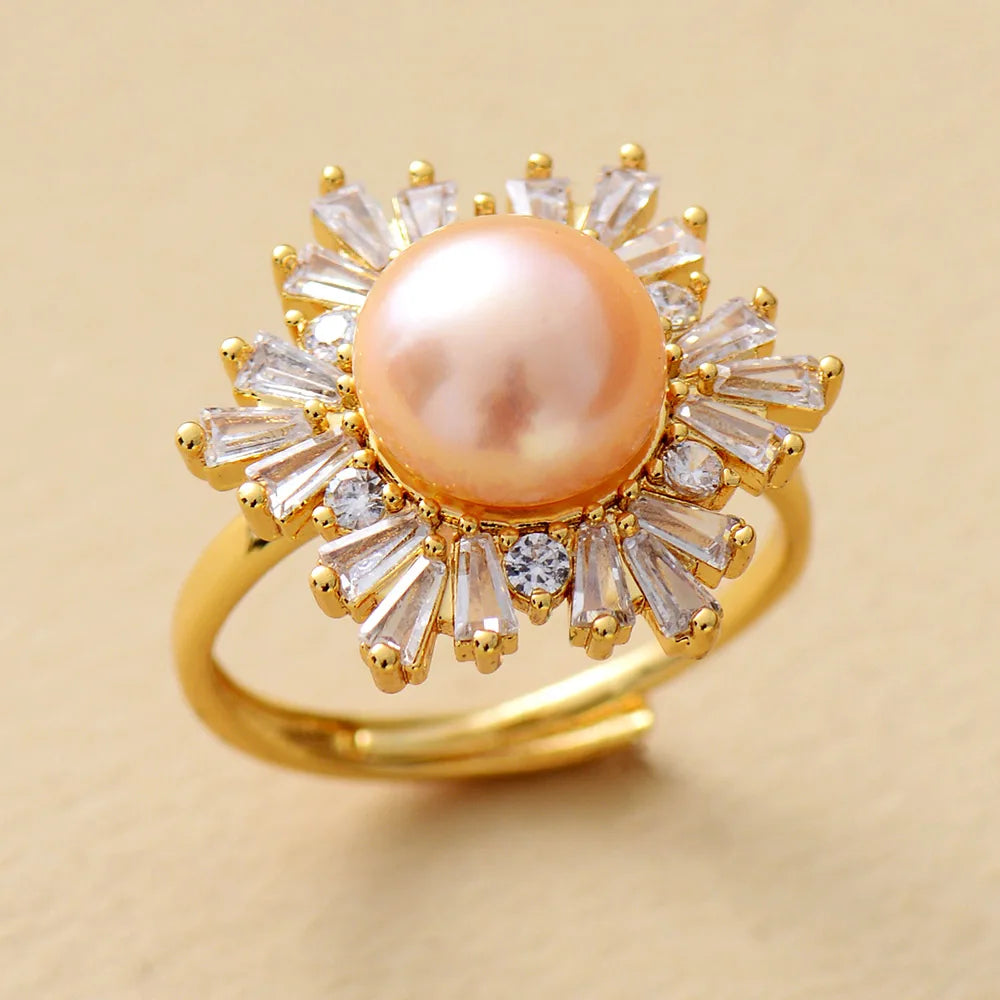 Elegant Woman Resizable Wedding Band Rings Gold-Plated Freshwater Pearl Zircon Designer Brass Stylish Eternity for Weddings