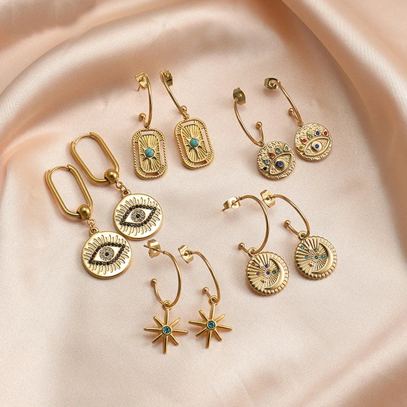 Stainless Steel 14K Gold Zircon Diamond Inlaid Turquoise Gemstone Moon Star Evil Eye Hook Dangle Earring for Women Girls