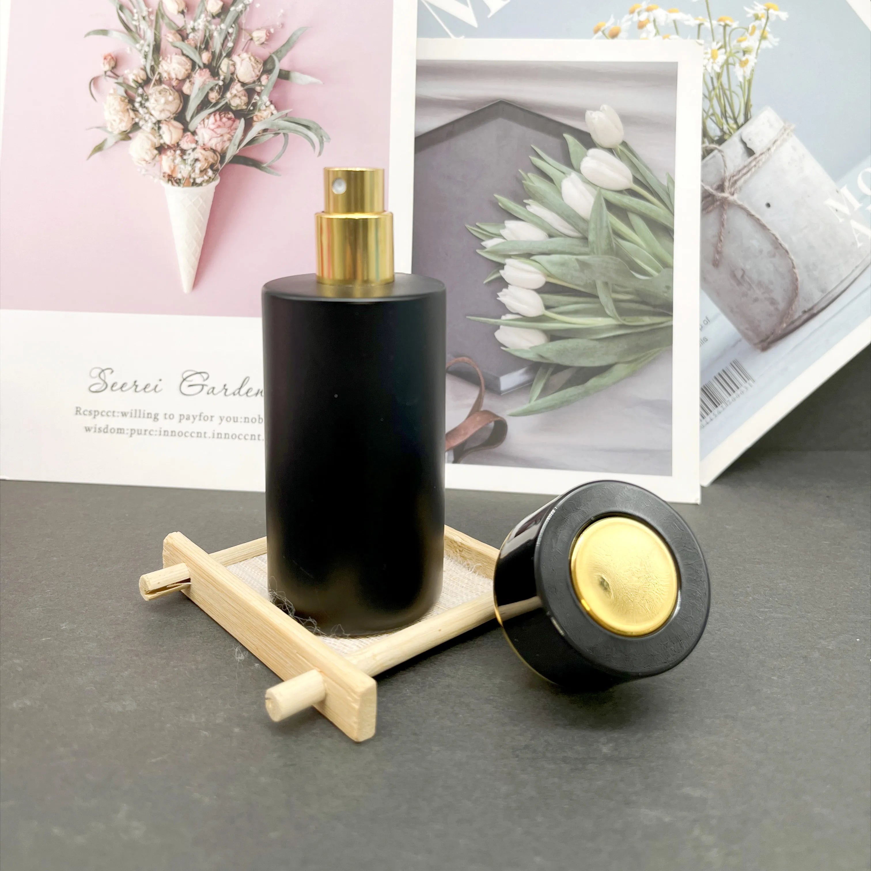 Empty Round Perfume Oil Refillable Black Pink Gold Perfume Glass Spray Bottle Wholesale Luxury Manufactures Mens 50ml Packaging