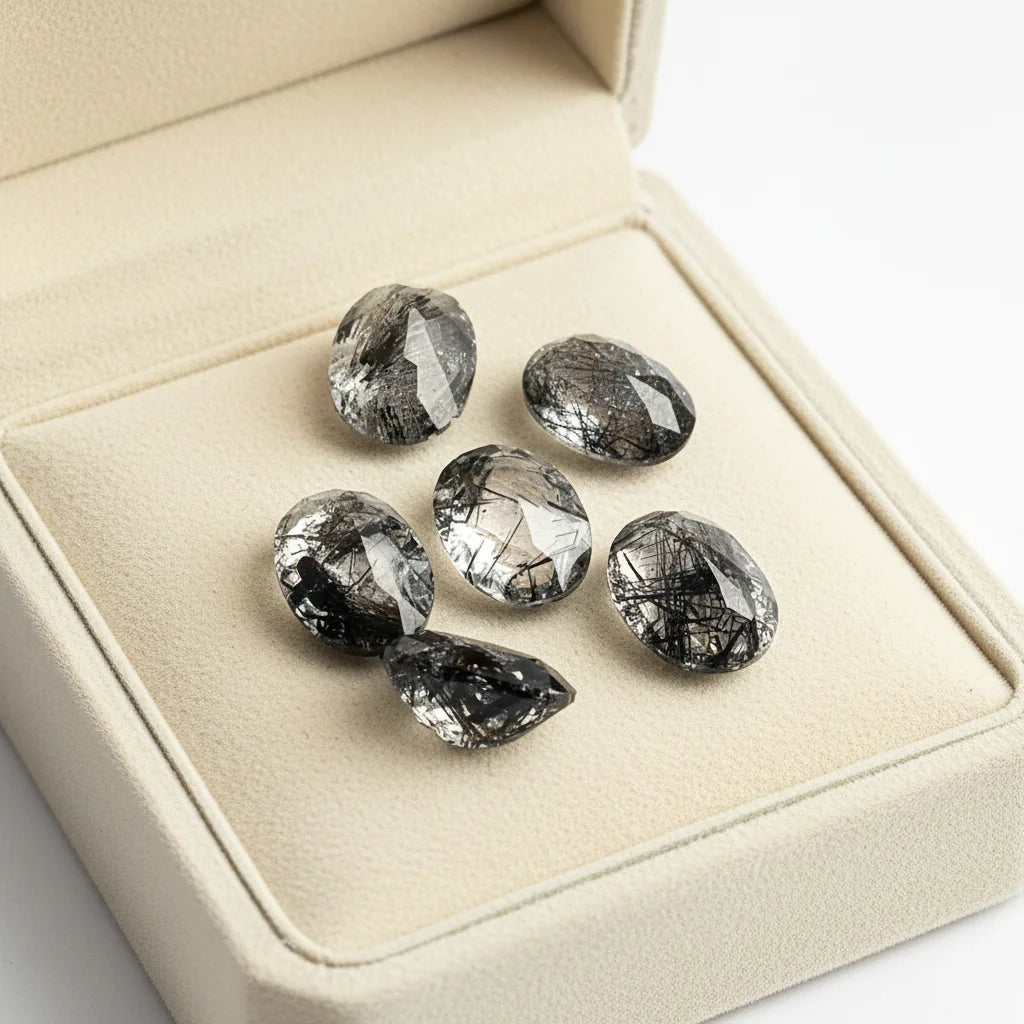 High Quality Natural Black Rutilated Quartz Gems Diamond Cut Oval Faceted Transparent Hair Crystal Loose Gemstones on Sale