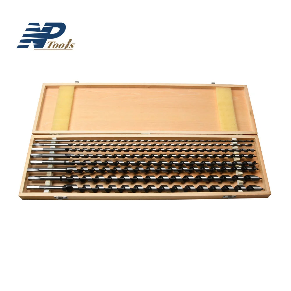 Naipu 8Pcs Inch Size Extra Long Hex Shank Auger Bohrer Broca De Madera Wood Auger Drill Bit Set With Wooden Box for Deep Hole