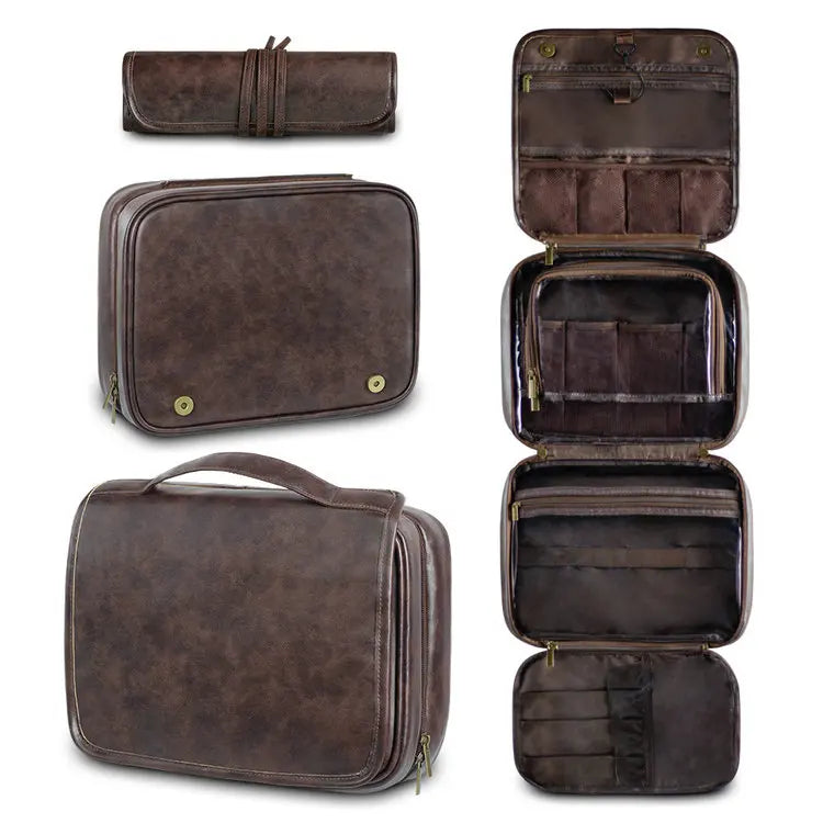 Unisex Luxury PU Leather Cosmetic Bag Pouch Box Case Large Hang Design for Men Women Zipper for Outdoor Travel Toiletries Makeup