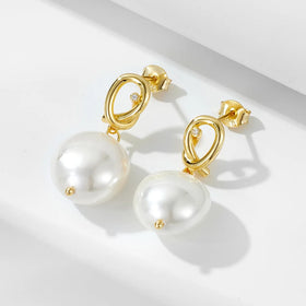 925 Sterling Silver Shell Pearl Drop Earrings 14K Gold Plated Geometric Knot Zircon Pearls Water Drop Shape Earrings for Women