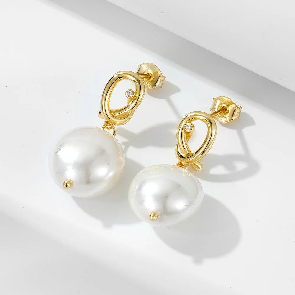 925 Sterling Silver Shell Pearl Drop Earrings 14K Gold Plated Geometric Knot Zircon Pearls Water Drop Shape Earrings for Women