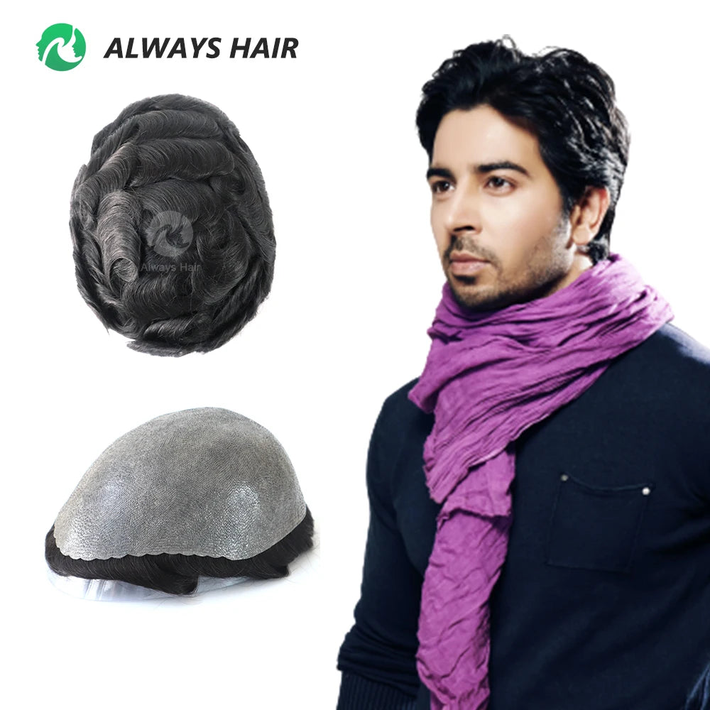 SKIN V - Thickness Skin Scalloped Front Indian Human Hair Men Capillary Prosthesis Toupee