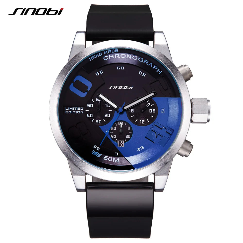SINOBI Creative Men's Quartz Watch 50mm Dial Plate Alloy Case Leather Strap Beijing Calendar Waterproof Sports Wristwatch
