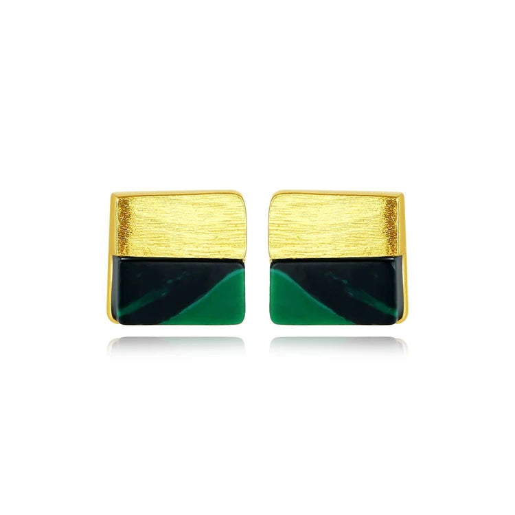 Fine Mini Jewelry 925 Sterling Silver Women Simple 18k Gold Plated Square Shape Malachite Stud Earrings
