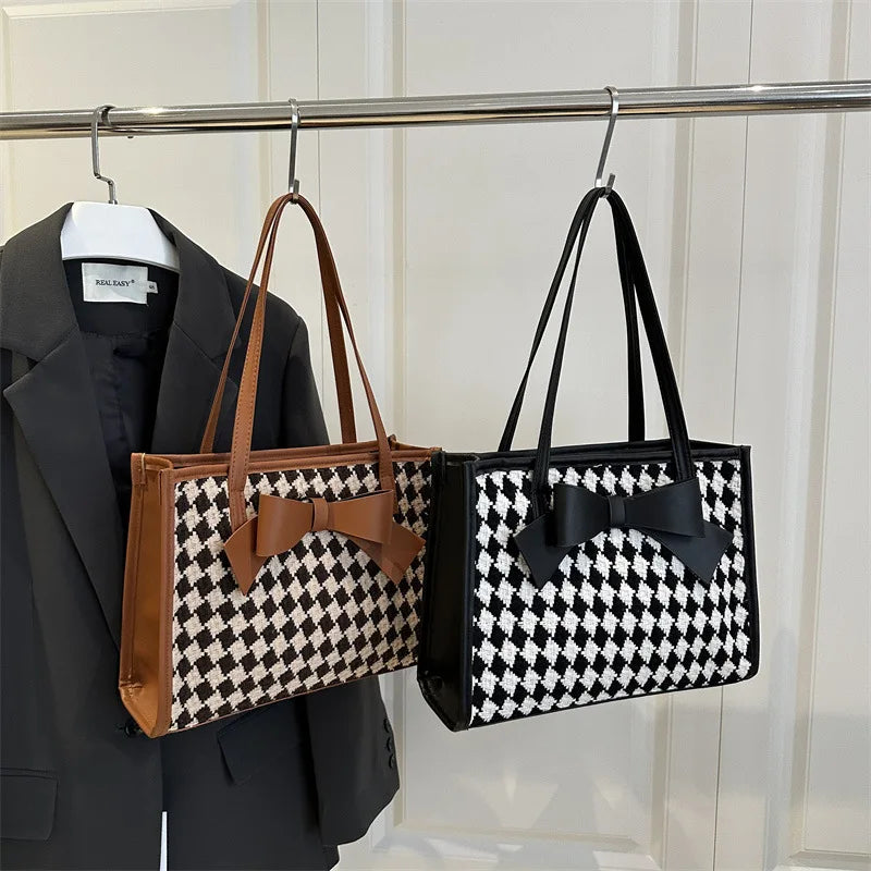 2025 Women's Tote Handbags Large Capacity Black White Solid PU with Bow Underarm Open Closure Polyester Lining for Summer