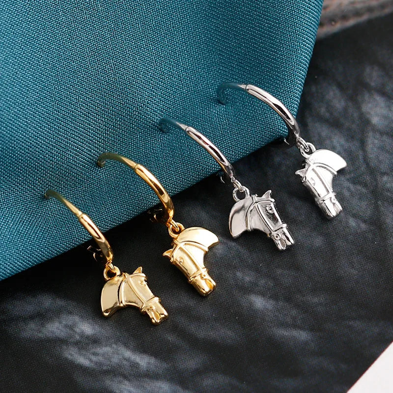 Personality Stylish Plain Earrings S925 Sterling Silver Animal Horse Head Drop Hoop Earrings