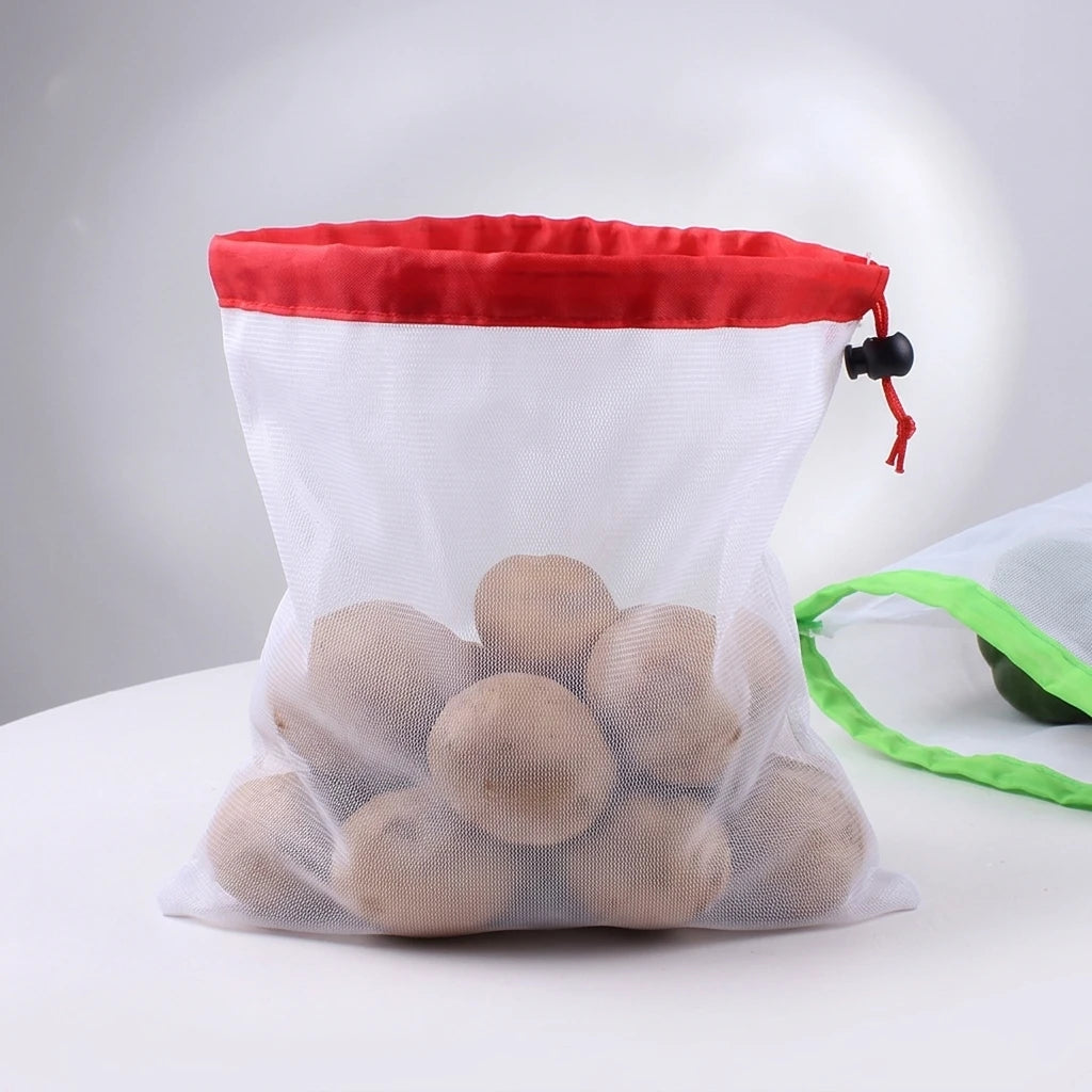 Wholesale Produce 100% Polyester Reusable Mesh Drawstring Vegetable Fruit Packaging Grocery Bags