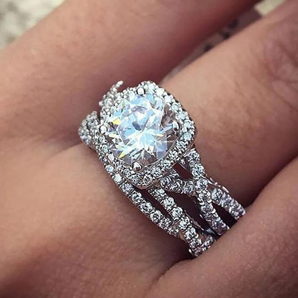 CAOSHI Luxury Geometry Dazzling 3A Zircon Cross Design 2Pcs Set Finger Rings for Wedding Engagement Silver Plated Ring for Women