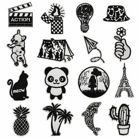 New Iron on Embroidery Black Series Dog Cat Tower Hat Coco Tree Whale Patch for Decoration Gift