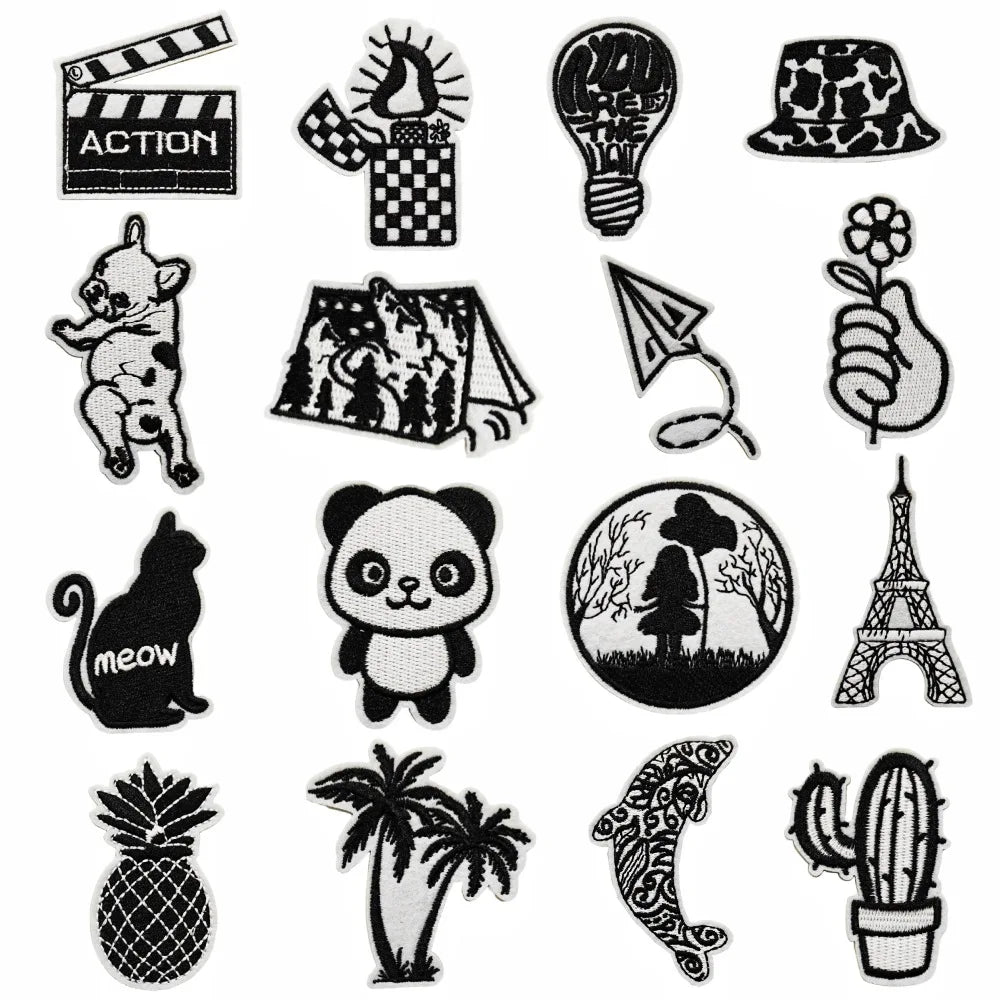 New Iron on Embroidery Black Series Dog Cat Tower Hat Coco Tree Whale  Patch for Decoration Gift