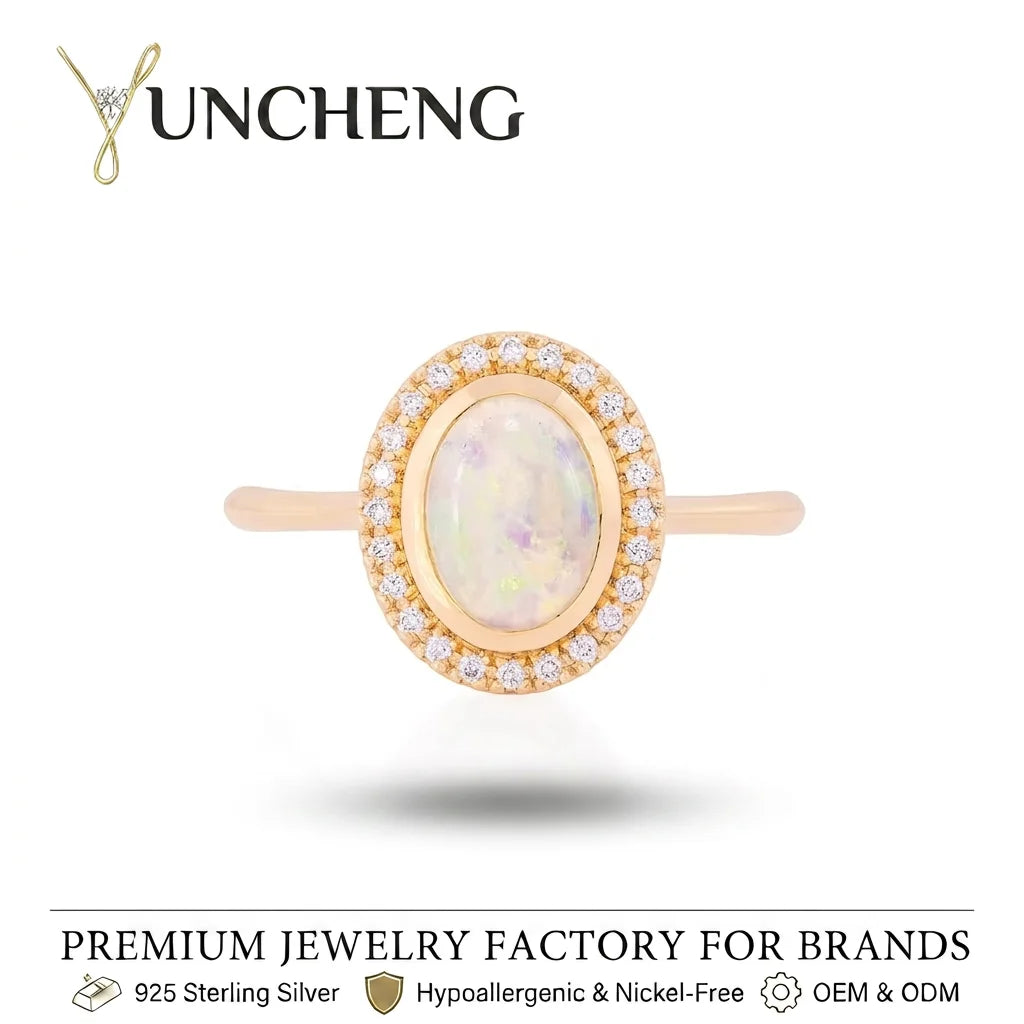Wholesale Fine Jewelry 925 Sterling Silver 14k Gold Plated Oval Halo Opal Ring for Women Wedding Enagagemnet Anniversary Gift