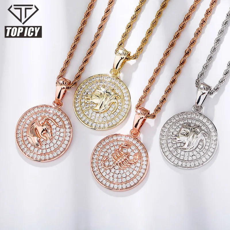 18k Gold Plated Hip Hop Jewelry Women Men Iced Out Coin Shape 12 Horoscope Constellations Pendant Necklace Zodiac Sign Necklace