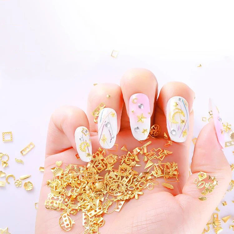 YS 3D Gold Metal Nail Rivets Mixed Moon Star Heart Shell Square Geometric DIY Tips Crystals Nail Art Decoration Accessories Tool