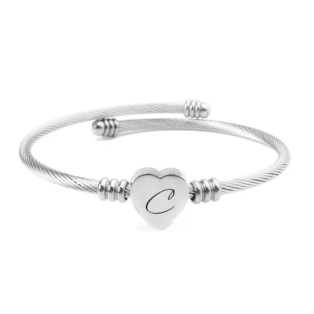 Women Stainless Steel Open Cuff Heart Charm Initial Capital Letter Engraving Bangle Bracelet Jewelry