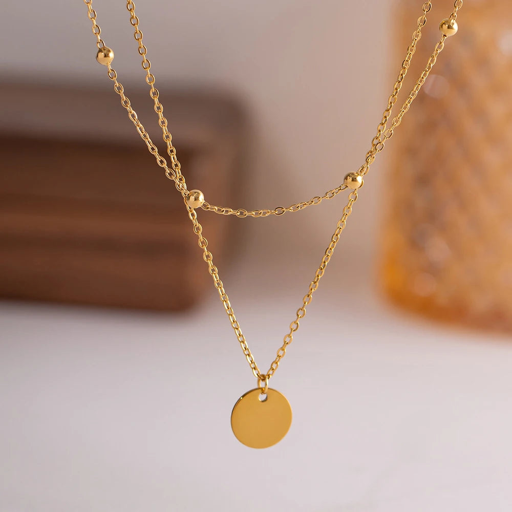 Charm 18k Gold Plated Stainless Steel Everyday Jewelry Initial Disc Pendant Necklace Women Chain Layered Necklace