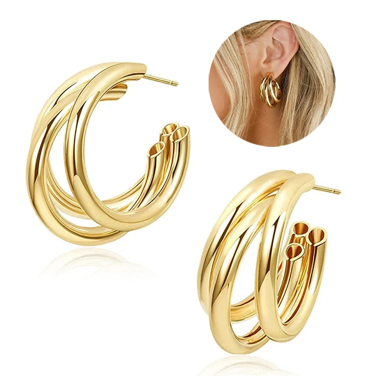 Hypoallergenic Hollow Triple C-shaped Multilayer Huggie Split Earrings Statement Lightweight Chunky Stainless Steel Hoop Earring