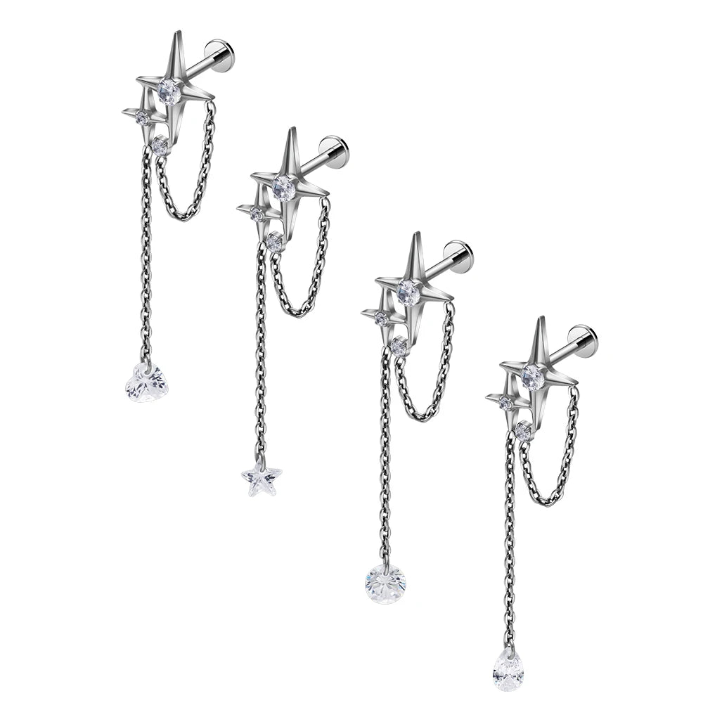 Wholesale ASTM F136 Titanium 16G Star ZIircon Nose Stud with Long Chain Tassel Ear Cartilage Tragus Helix Body Piercing Jeweley