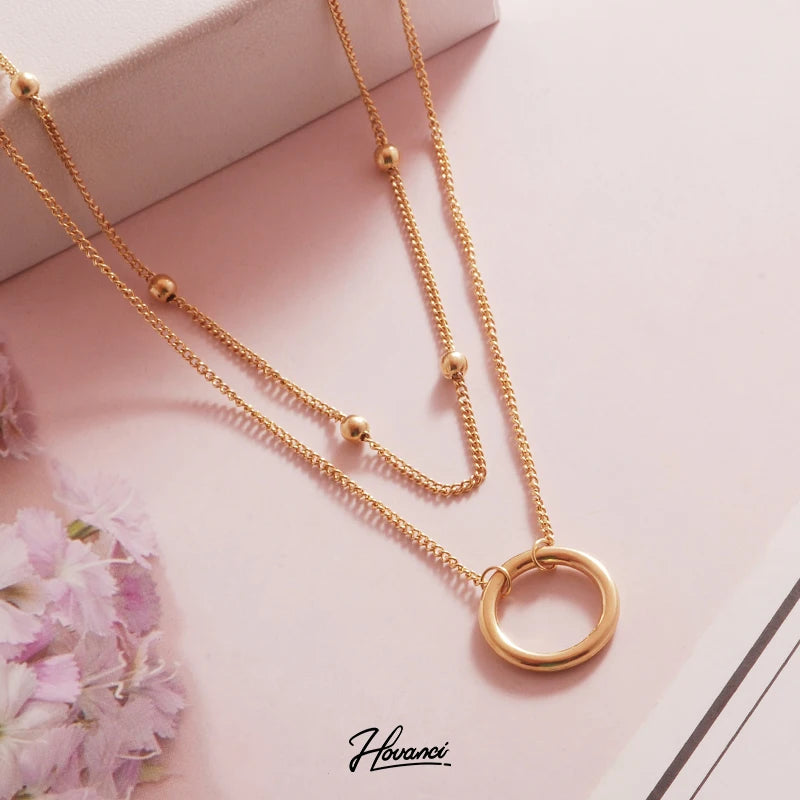 HOVANCI Simple Double Layered 14K Gold Circle Pendant Necklace Stainless Steel Jewelry with Link Chain Trendy Style for Weddings