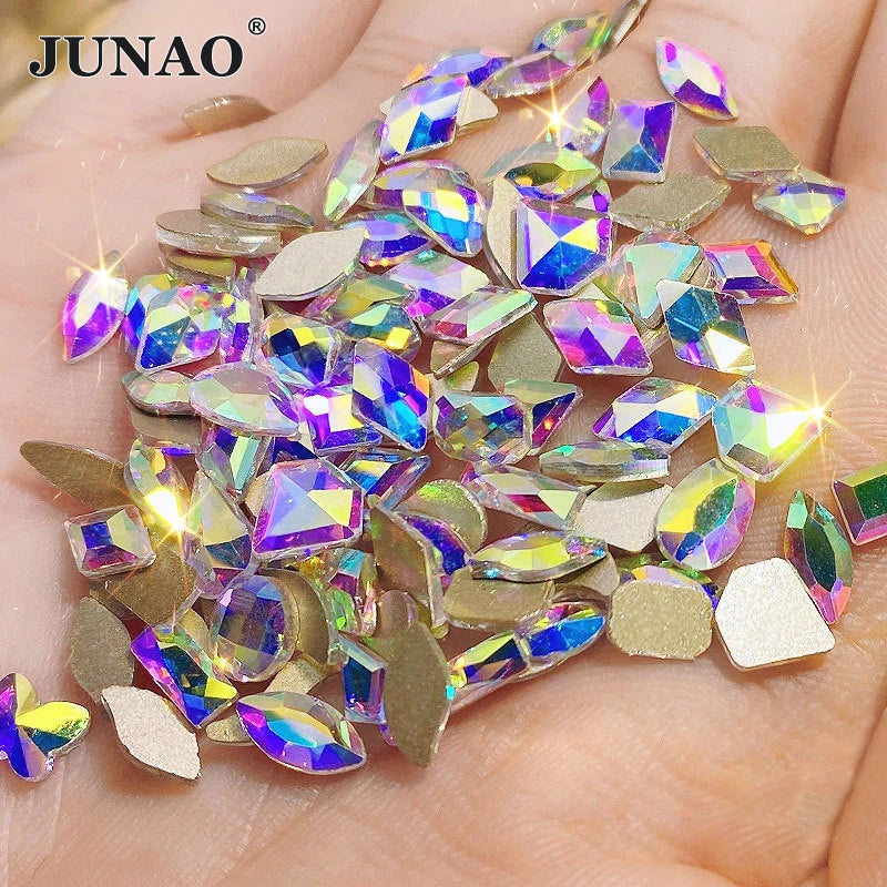 JUNAO New Arrival 100pcs Multi Shapes Glass Rhinestone Salon Nail Art Fancy Rhinestone Glass Crystal Stones Flat Back for DIY