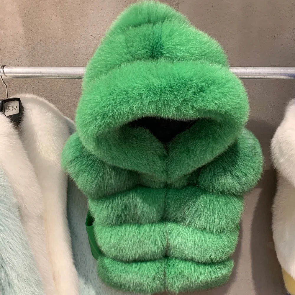 Fur Hooded Vest Real Fox Fur Jacket Sleeveless Ladies Natural Fur Cloth Hooded