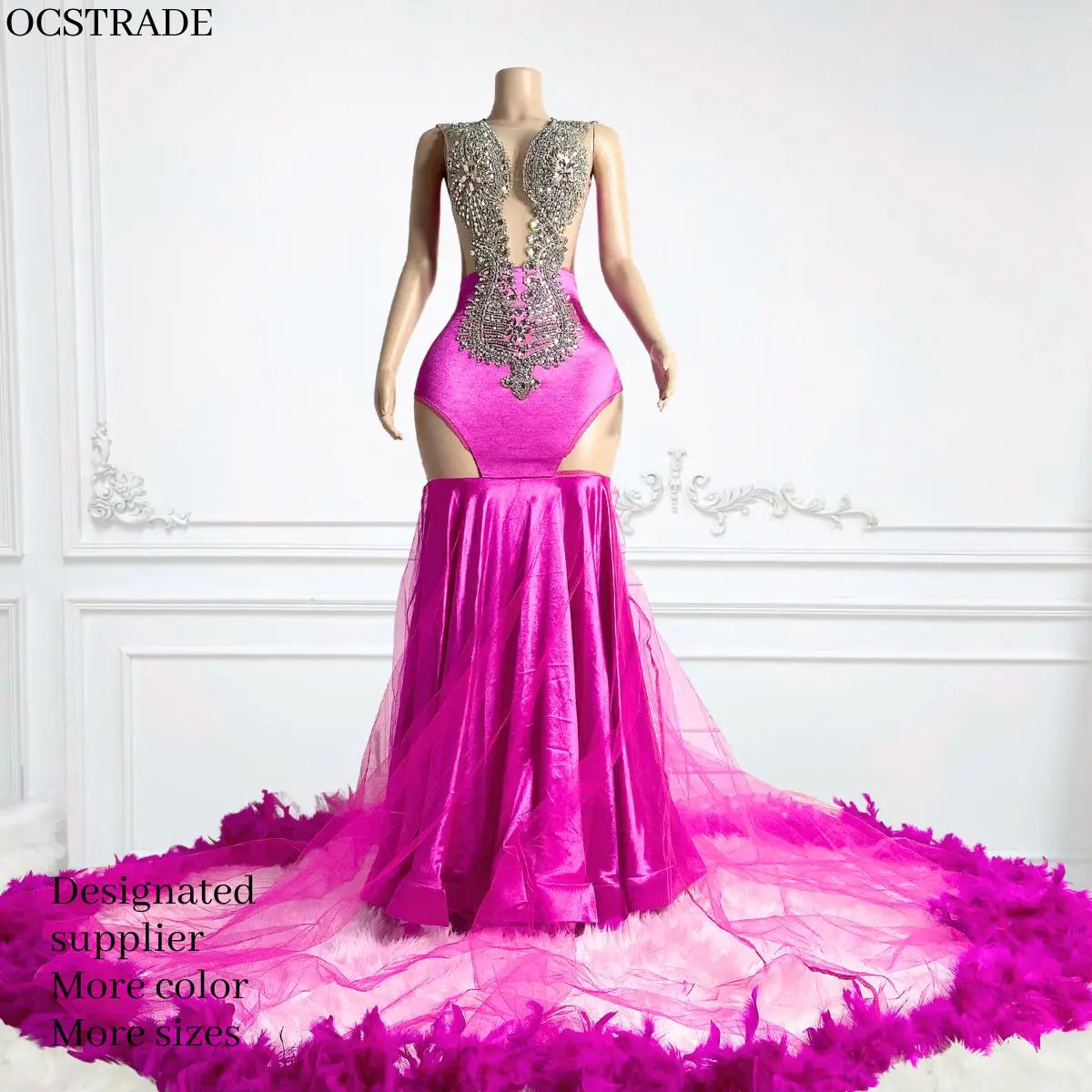 Ocstrade Sleeveless Ostrich Feather Dress Luxury Vestidos De Noche De Fiesta Formal Rhinestone Diamond Orange Sparkly Prom Dress