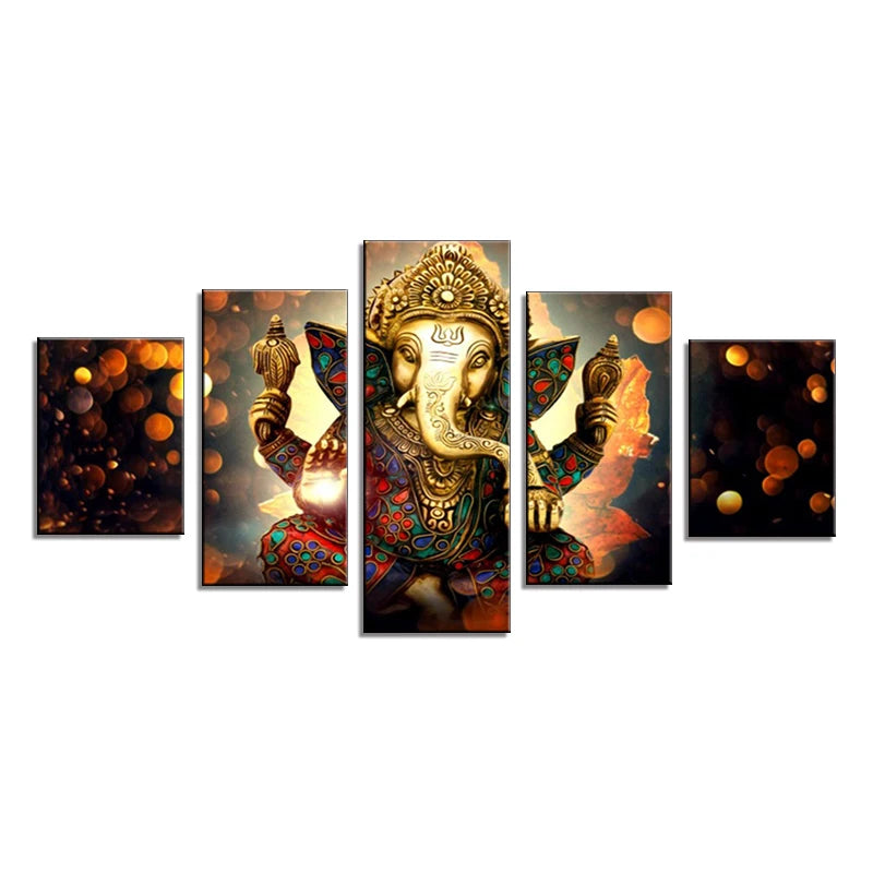 5 Panel 3D Hindu Ganesh Painting Canvas Wall Art Acrylic Spray Prints Elephant God Picture Factory Custom Artwork