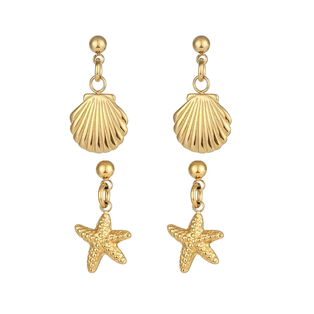New Style Design Natural Sea Shell and Star Huggie Drop Earrings Stainless Steel 14K Gold Plated Stud Earrings