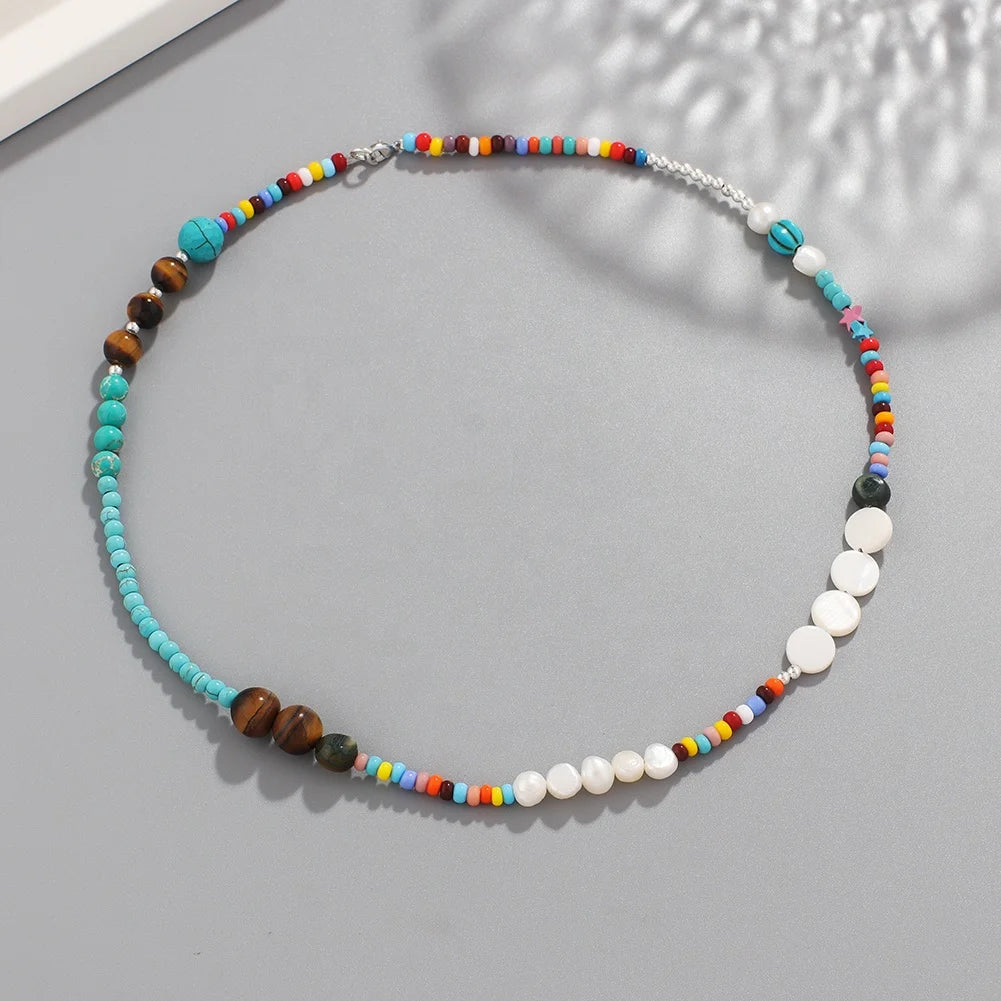 New Fashion Bohemian Chic Turquoise Tiger Eye Stone Necklace with Freshwater Pearl and Colored Beads Chic Jewelry Accessory