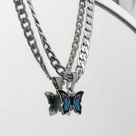 Hip Hop Street Unisex Cool Punk Blue Stainless Steel Enamel Butterfly Pendent Cuban Link Chain Necklace