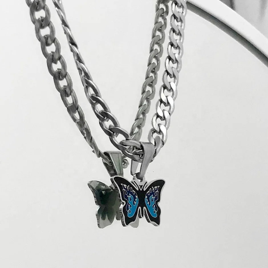 Hip Hop Street Unisex Cool Punk Blue Stainless Steel Enamel Butterfly Pendent Cuban Link Chain Necklace