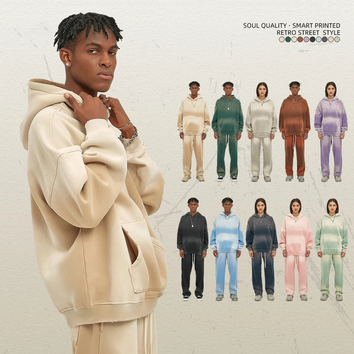 2023 Winter Solid Color Blank Fleece 100% Cotton Thick 360 GSM Heavy Weight Spray Dyed Hoodies for Men Hoodie Set
