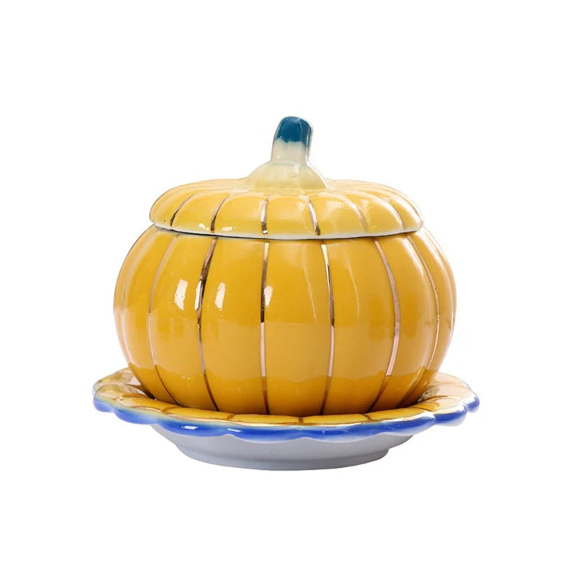 Creative Pumpkin Shape Soup Bowl with Lid Ceramic Dessert Bowls Tureen