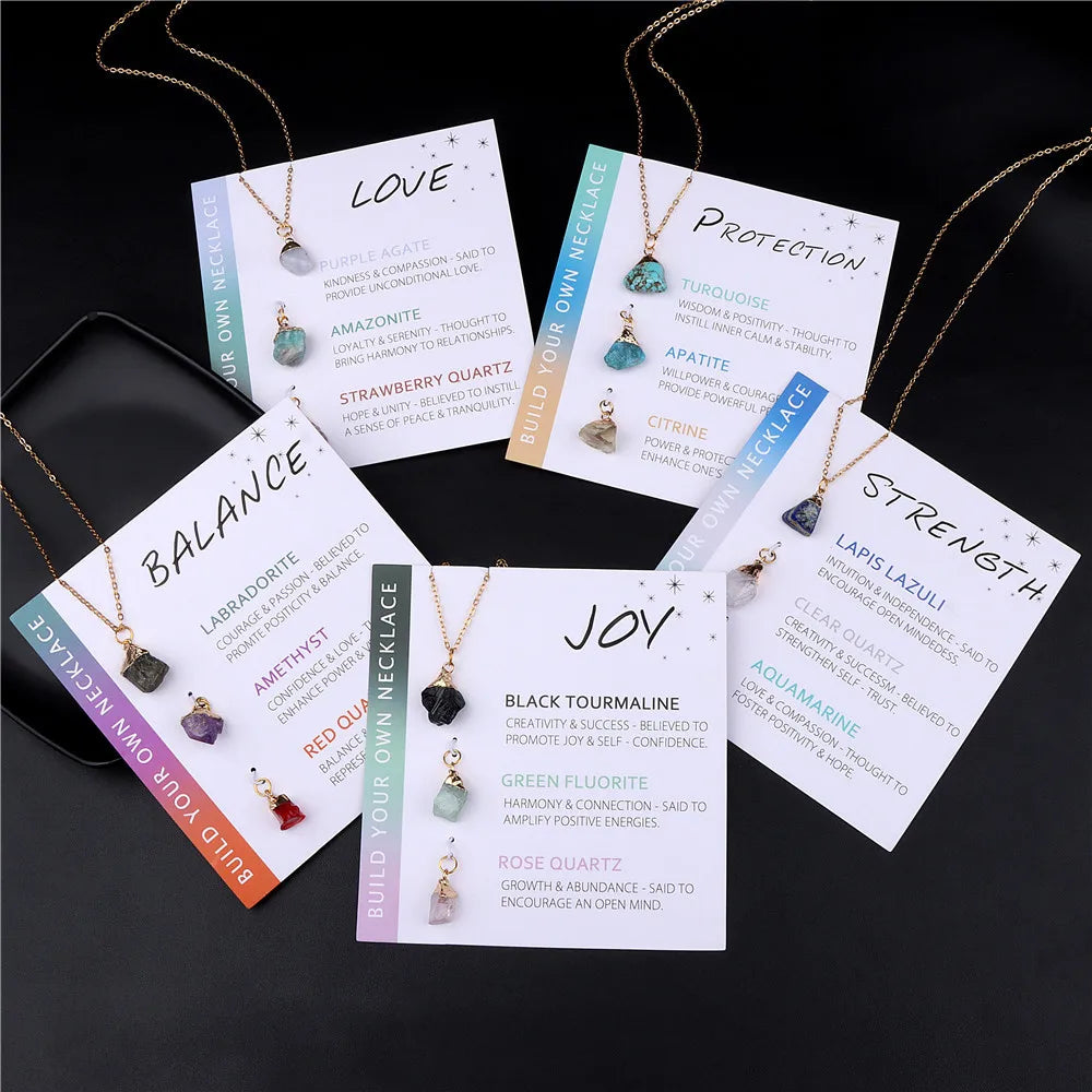 New Healing Crystal Pendant Necklace Set for Women Love Joy Strength Balance Protection Raw Stone Agate Stone Necklace With Card