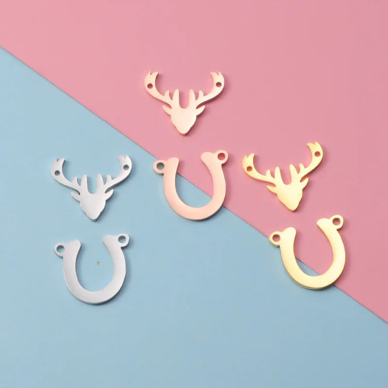 Hot Selling Mirror Stainless Steel Deer Antlers and Horse Hooves DIY Personalized Customizable Double Hole Pendant Accessories