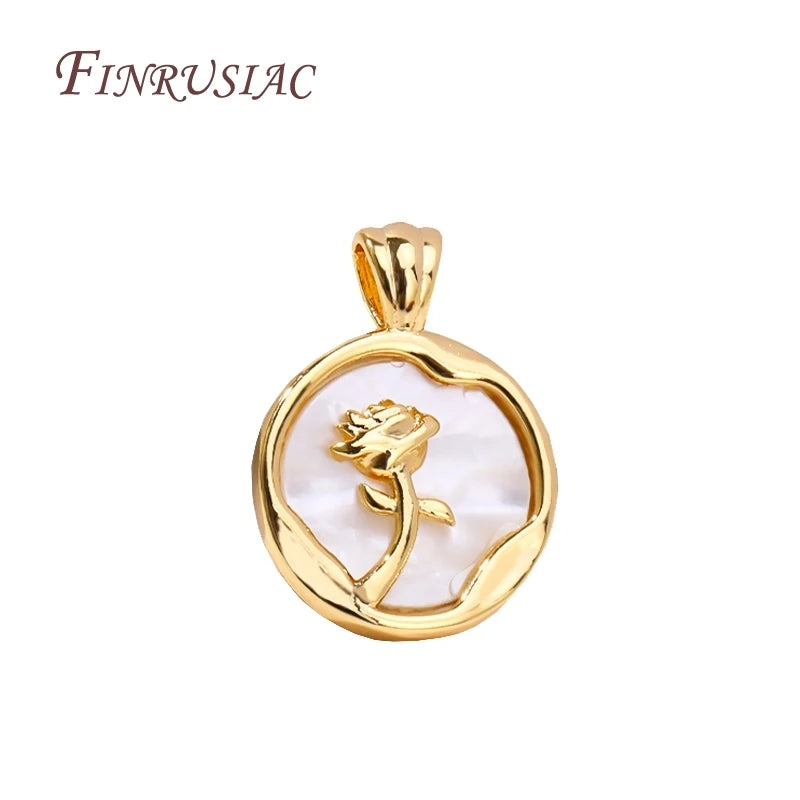 18K Real Gold Plated Rose Pendant Natural Shell Round Charms for DIY Necklace Making Crafts Jewelry Findings & Components