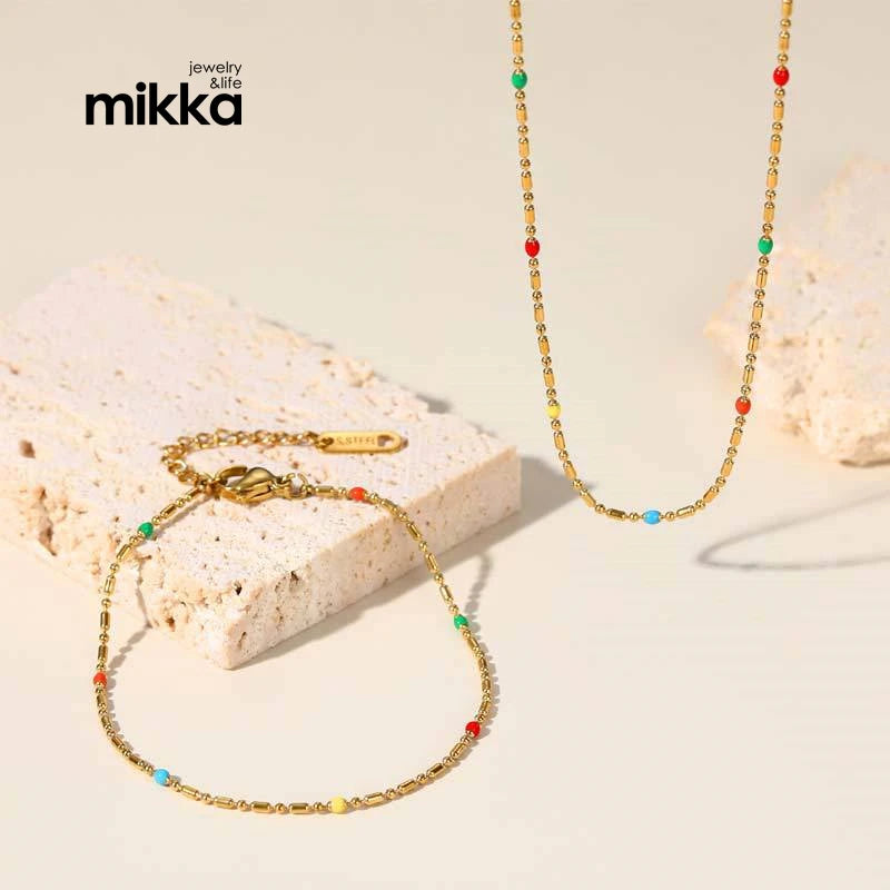 Stainless Steel Colorful Oil Dripping Rice Beads Necklace Bracelet Set Gold Plated with 18K Gold Plated Jewelry