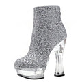 New 14cm Bare Boots Silver Glitter Powder Sequin High Heels Banquet Women's Large High Heels Fashion Boots