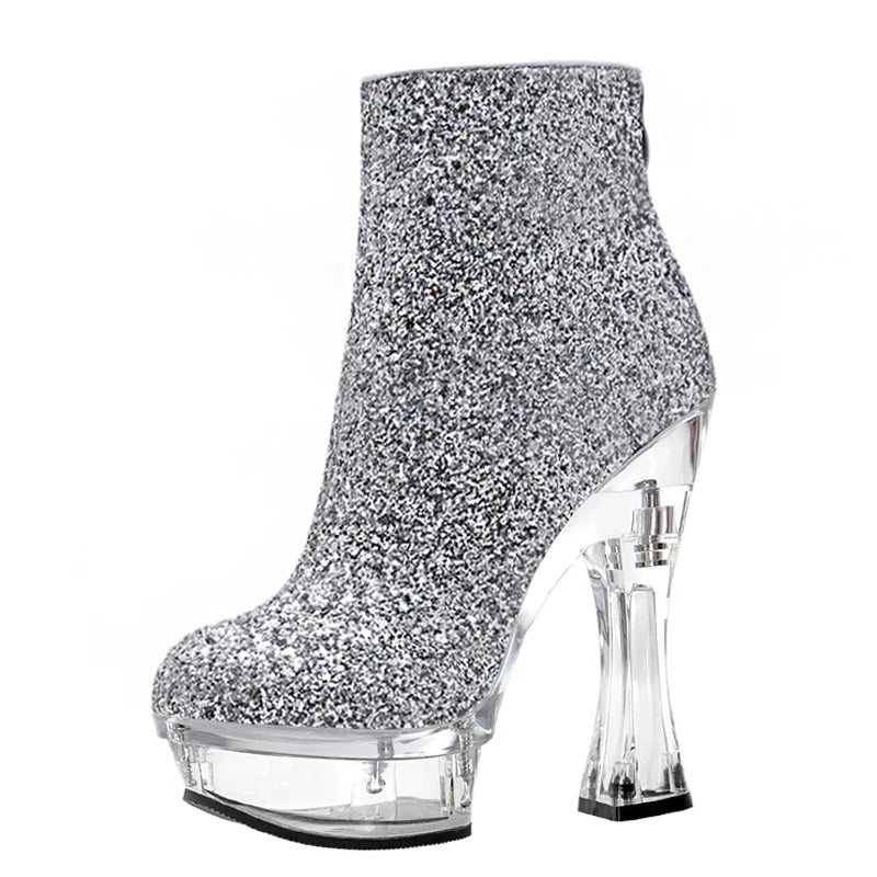 New 14cm Bare Boots Silver Glitter Powder Sequin High Heels Banquet Women's Large High Heels Fashion Boots