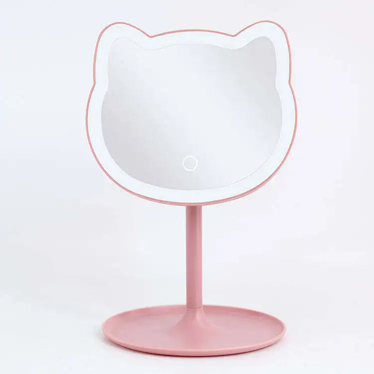 Cute Pink Cartoon Backlit Lighted Glass Mirror Bathroom Tabletop Stand Cat Mirrors Led Light Makeup Mirror
