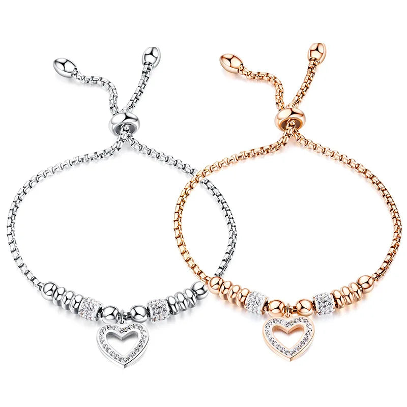 OAHLAN Fashion Jewelry Adjustable Size Beaded Strand Style Stainless Steel Heart Charm Bracelets for Wedding Statement Holiday