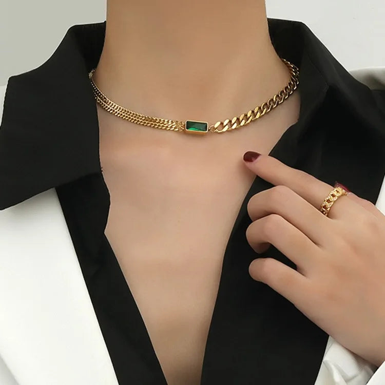 SC Vintage Christmas Jewelry Creative Asymmetric Necklace 18K Gold Plated Emerald Green CZ Stone Cuban Chain Choker Necklace