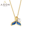 Ason Jewelry New Design Stainless Steel PVD 18K Gold Necklace Blue Mermaid White Pearl Pendant Necklace for Women