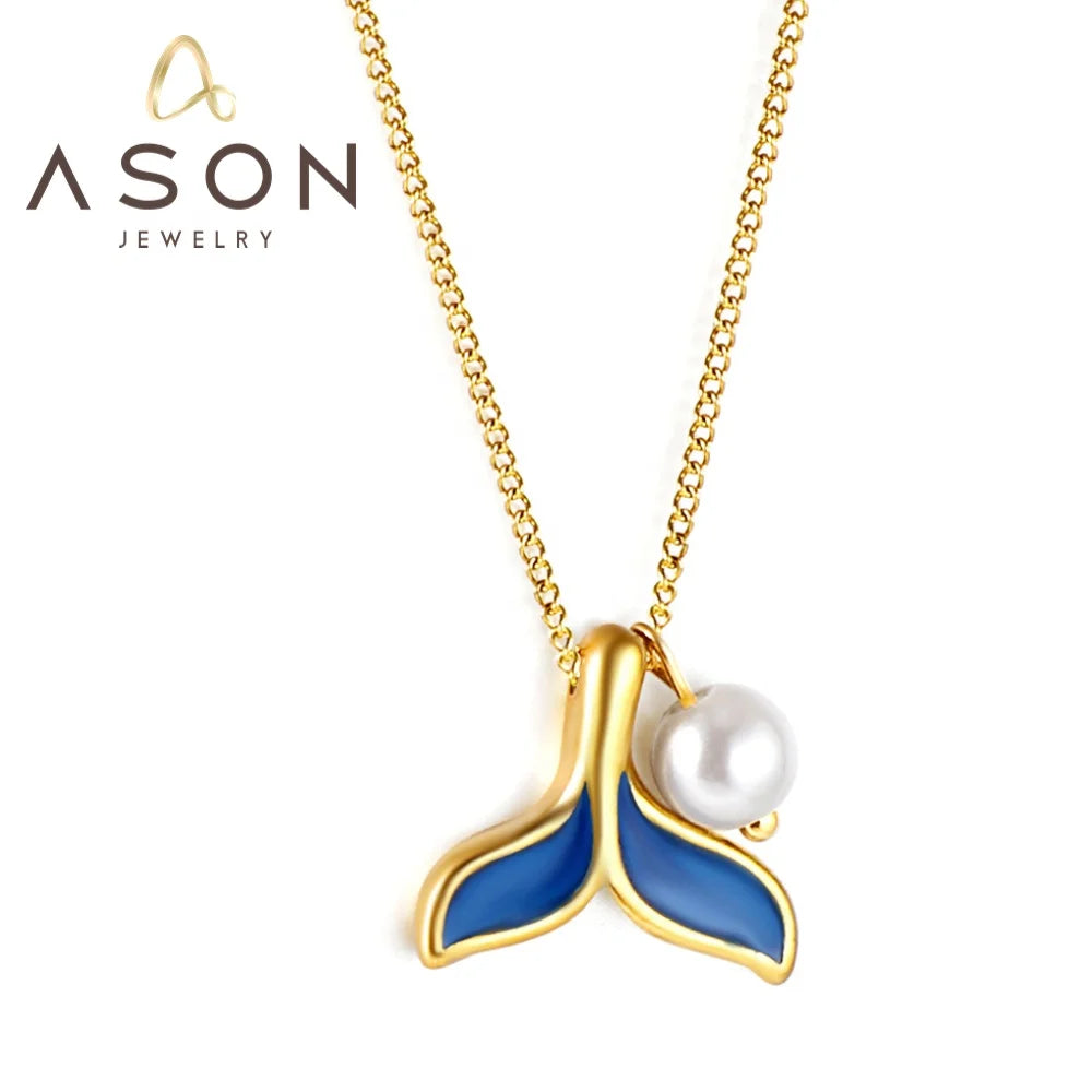 Ason Jewelry New Design Stainless Steel PVD 18K Gold Necklace Blue Mermaid White Pearl Pendant Necklace for Women